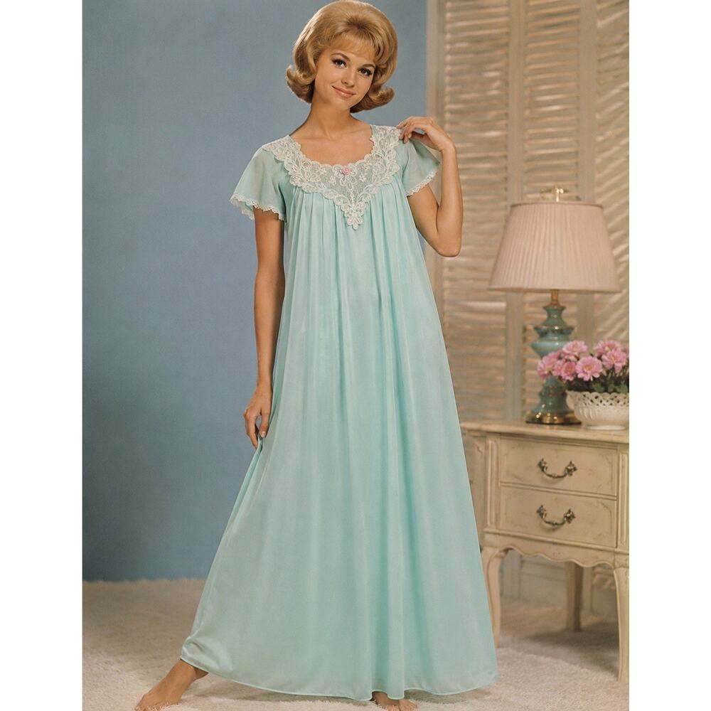 SHADOWLINE Vtg 80s Mint Green Satin Floral Lace Applique Peignoir Nightgown Sz M